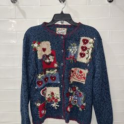 Retro Sweater Large Love Hearts Y2K Applique Embroidered Cardigan Valentines Day