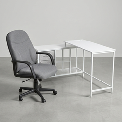 L-Shaped White Desk & Grey Swivel Office Chair Combo