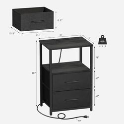 Charging Nightstand Side Table w/ USB Ports & Fabric Drawer Black