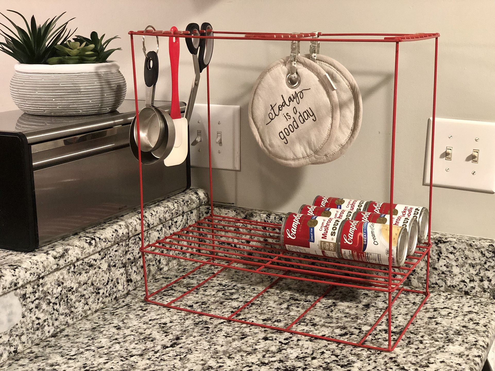 Beautiful & Unique Red Metal Can Organizer Kitchen Storage Rack, Like New