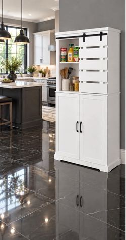 Kitchen Pantry Cabinet, Storage Cabinet with Sliding Barn Door and Adjustable, White N-21
