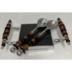 Vintage Silver With Black Marble Serving Tray With Serving Pieces Jewel Handles 