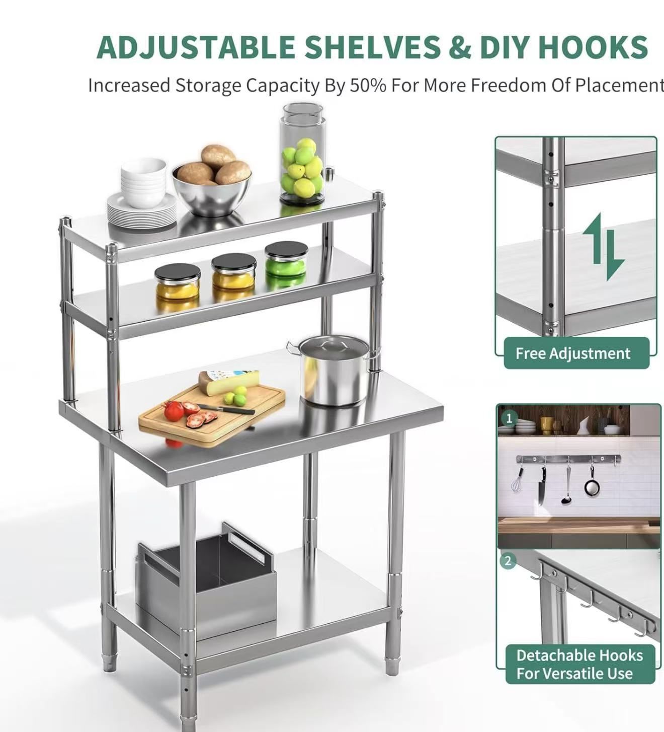 Stainless Steel Table with Overshelf, 36" X 24" Work Table and 36" X 12" Shelf $150