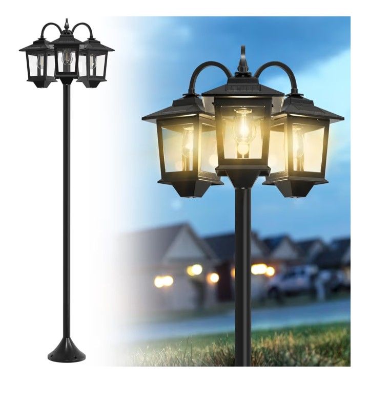 73" Aluminum Solar Lamp Post Light, 3-Head Solar Light Posts for Outside Waterproof, 90Lm Outdoor Lamps for Patio, Backyard, Front Porch Decor, Warm W
