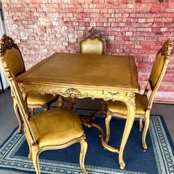 Antique Table And Chairs Set Solid Carved Wood Leather