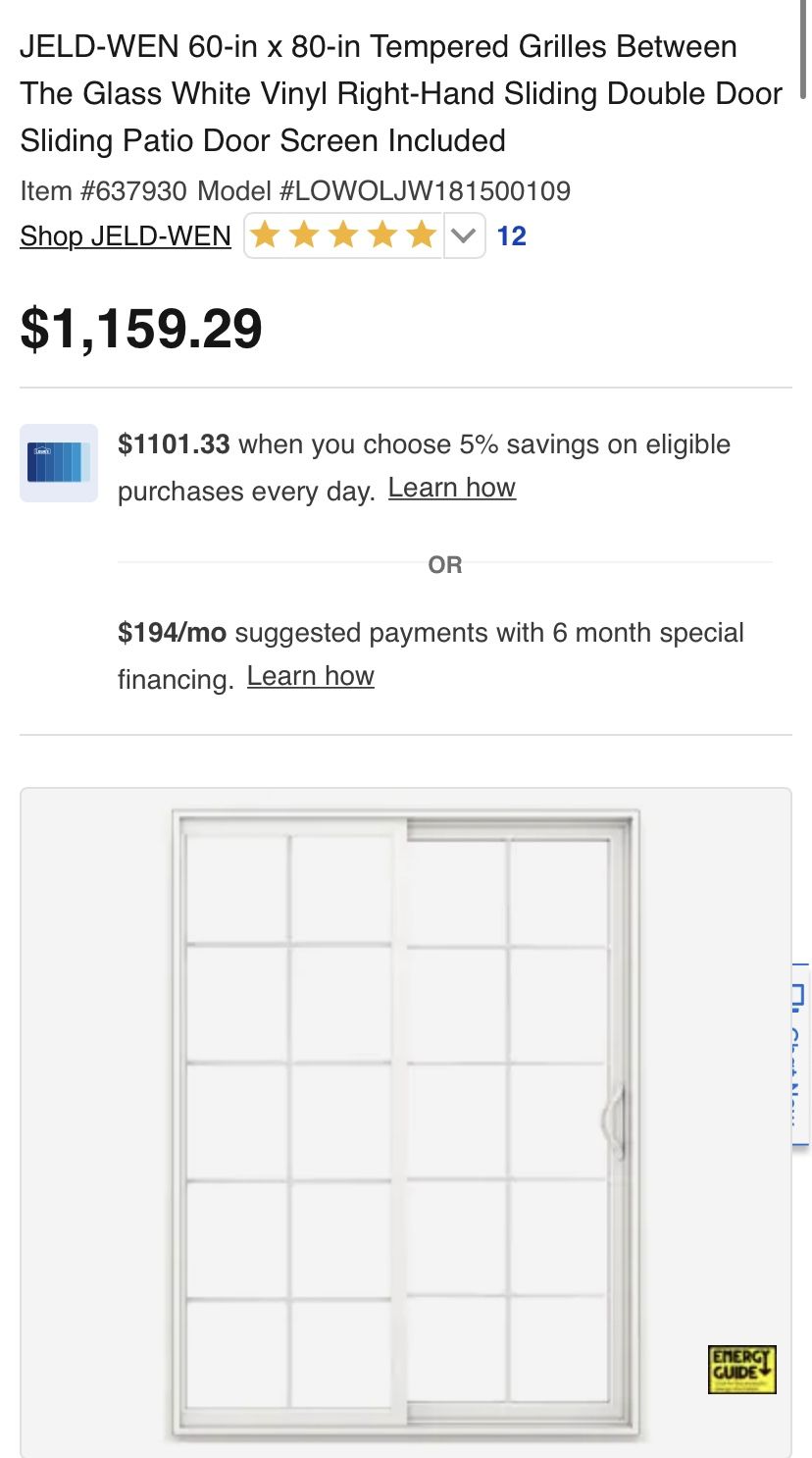 New Jeld Wen Patio Door 60” X 80”
