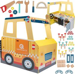 Svan Wooden Construction Truck Playset, 60+ Piece Pretend Workbench Toy