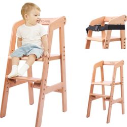 NEW YOLEO High Chair Wooden for Toddlers Junior Childs, Sturdy Durable Dining Feeding Chair with Steps Grows with Child, Max 60kg (Natural Color)