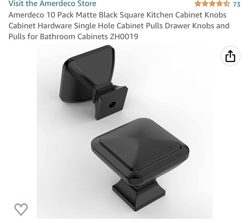 Amerdeco 10 Pack Matte Black Square Kitchen Cabinet Knobs Cabinet Hardware Single Hole Cabinet Pulls Drawer Knobs and Pulls for Bathroom Cabinets ZH00