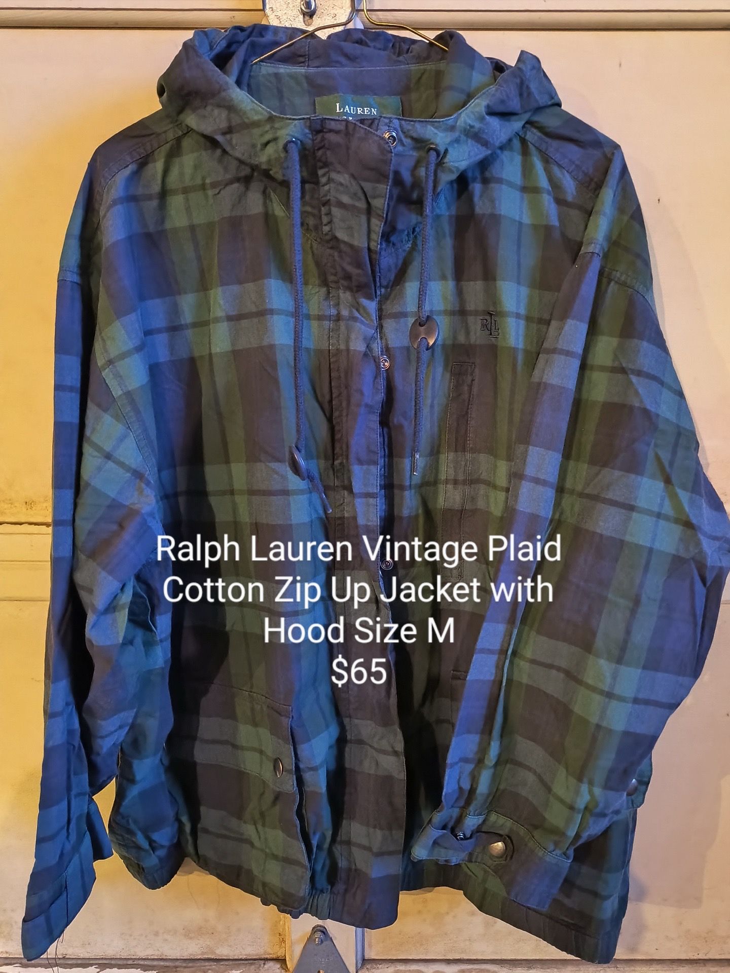 Vintage Ralph Lauren Plaid Cotton Zip Up Jacket With Hood Size M