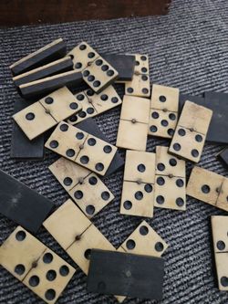Antique Ivory Domino Set in Wooden Box, Vintage Collectible. Possibly late 1800s to early 1900s.