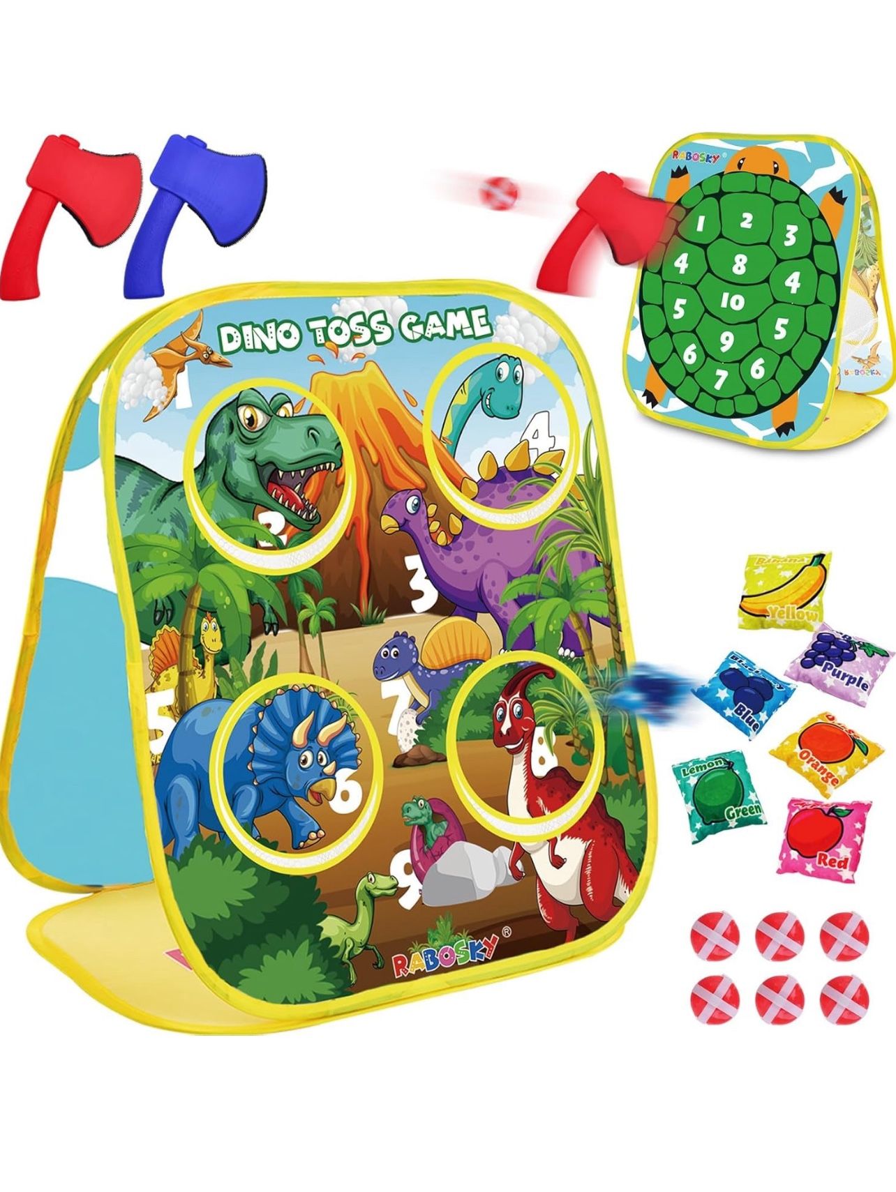 Brandnew 3-in-1 Feed Dinosaur Toss Games for Kids with 6 Fruit Bean Bags, 2 Throwing Axes, 6 Sticky Balls, Outdoor Toddlers Toys for 2 3 4 5 Boy Gifts