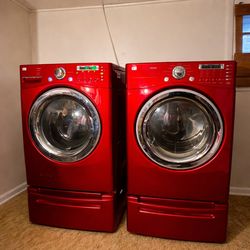 LG TROMM Red Front Load Washer & Dryer Set with Pedestals – Excellent Working Condition