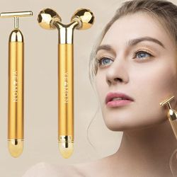 2 in 1 Face Massager Golden Facial Electric 3D Roller and T Shape Arm Eye Nose Massager Skin Care Tool
