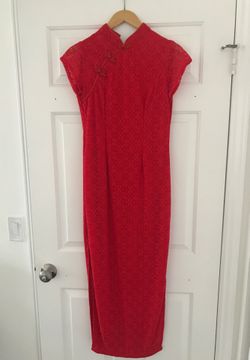 Women’s Short Sleeve Long Chinese Red Lace Dress