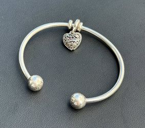 Estate Genuine PANDORA 925 sterling silver Bangle Bracelet & Heart Love You Charm 3mm 7.00”