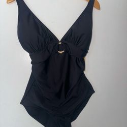 Michael Kors Black Rouched One-Piece V-Neck Swimsuit Size 10 Black