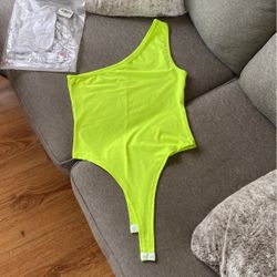 One Shoulder Bodysuit Lime Green Size Large