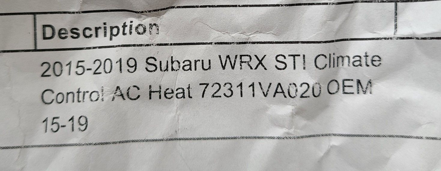 2015-2019 Subaru WRX STI. Climate Control AC Heat