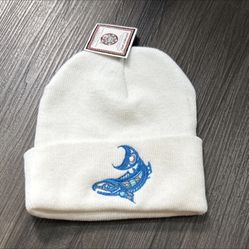 Northwest Spirit White Knit Acrylic Beanie Blue Embroidered Design Unisex Adults