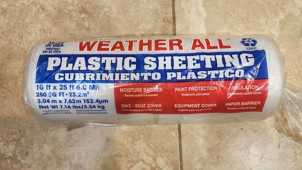 12 X 10 (250sft) Made In USA. Plastic Sheeting. Moisture / Vapor Barrier, Weather All.