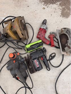 Power tools: Milwaukee drill, two Skil saw, router