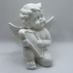 Winged Angel Cherub Musician White Ceramics