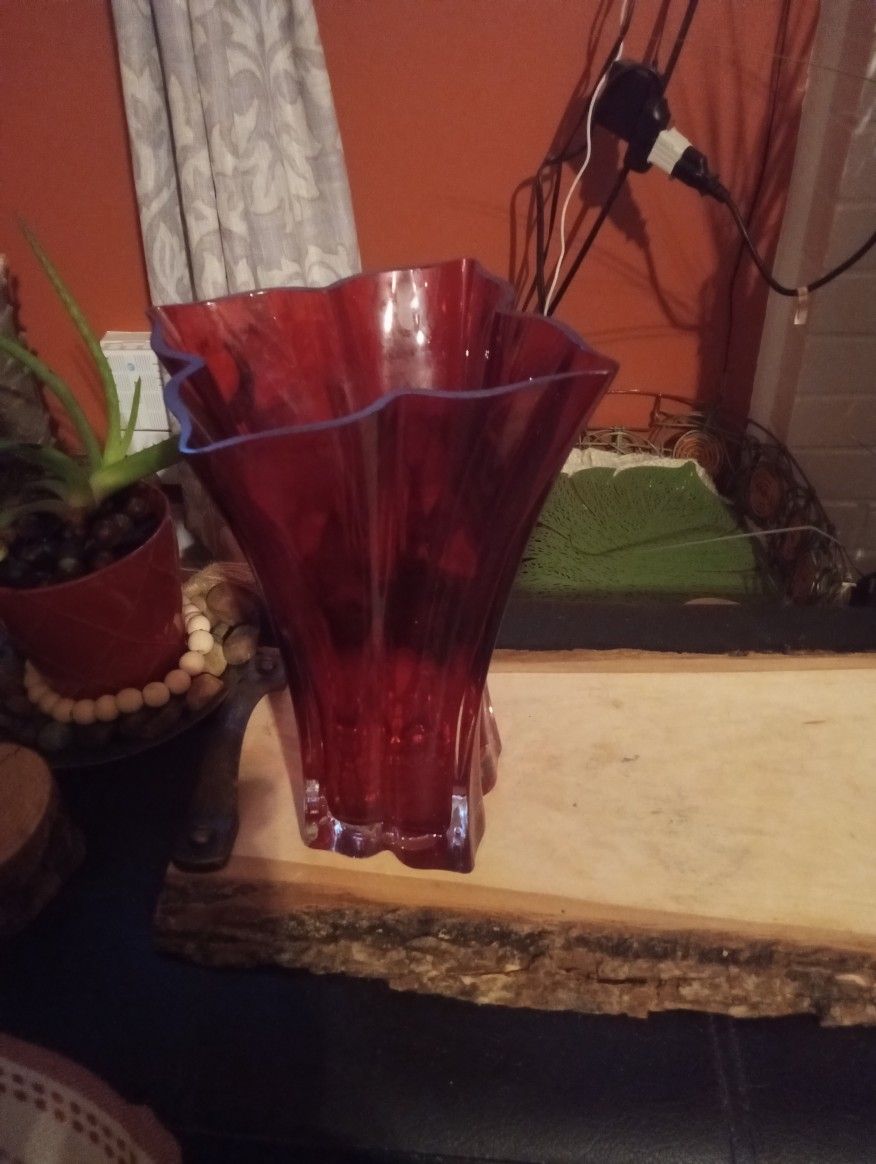 Vintage Tall Red Glass Vase 