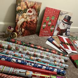 Christmas Wrapping Paper, Tissue, Ribbons, Tags, Boxes, And A Bag