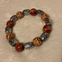Silver And Wooden Beaded Stretch Bracelet 