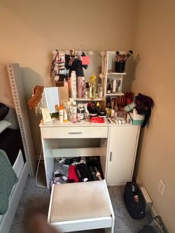 White Vanity Desk with Mirror and Stool