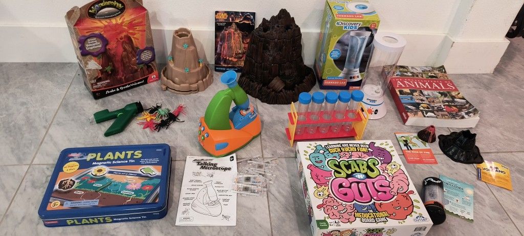 STEM Lakeshore Plants Magnetic Science Tin, GeoSafari Talking Microscope, Scabs N Guys Meducational Board Game, Star Wars Volcano Lab, Tornado Lab