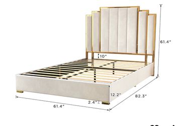 61” Queen Size Upholstered Bed Frame cream with Golden Plating Trim
