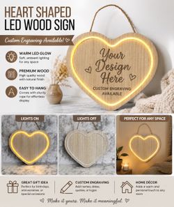 Heart Shaped LED Wood Sign with Custom Engraving