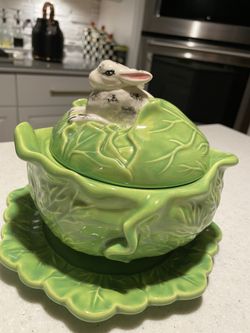 HOLLAND MOLD GREEN CABBAGE BUNNY TUREEN BOWL WITH LID AND UNDER PLATE