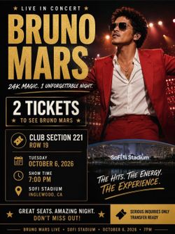 ** 2 Bruno Mars Tickets – October 6 – Club Level Seats! **