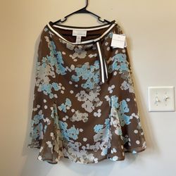 Sag Harbor Midi Skirt Brown Blue Floral Chiffon Flowy Asymmetric Sz 14 MSRP:$36