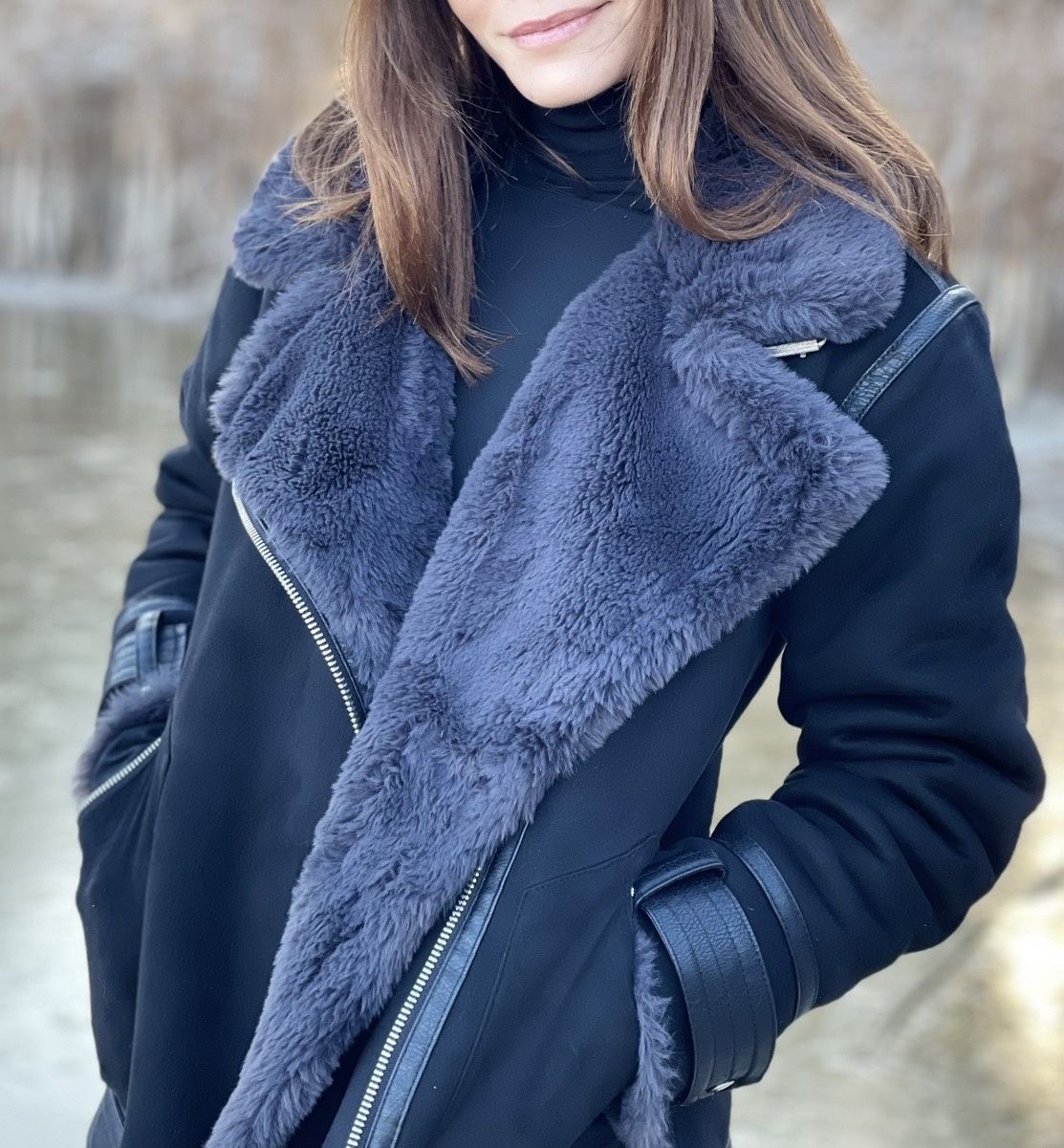 ZARA Faux Shearling Aviator Jacket – Black/Grey (Size S)