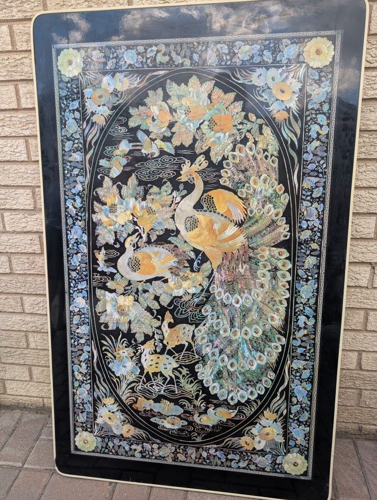 Korean Chinoiserie Black Laquer Screenprint Low Table