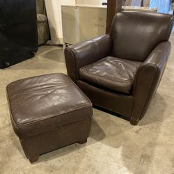 LEATHERWORKS Brown Leather Armchair & Ottoman Set