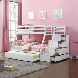 Brand New White Twin Over Full Bunk Bed w Staircase + Trundle Bed 