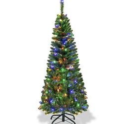 4.5 ft. Pre-Lit Hinged Artificial Fir Pencil Christmas Tree with 150 Multi-Color Light