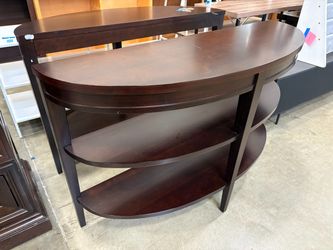 Modern Mahogany Finish Demi Lune Entry Table with Shelving