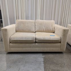Cream Track-Arm Loveseat in Woven Fabric