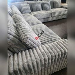 Corduroy Fabric Upholstered Square Armrest Stationary L-Shape Sectional Sofa with 9 Throw Pillows