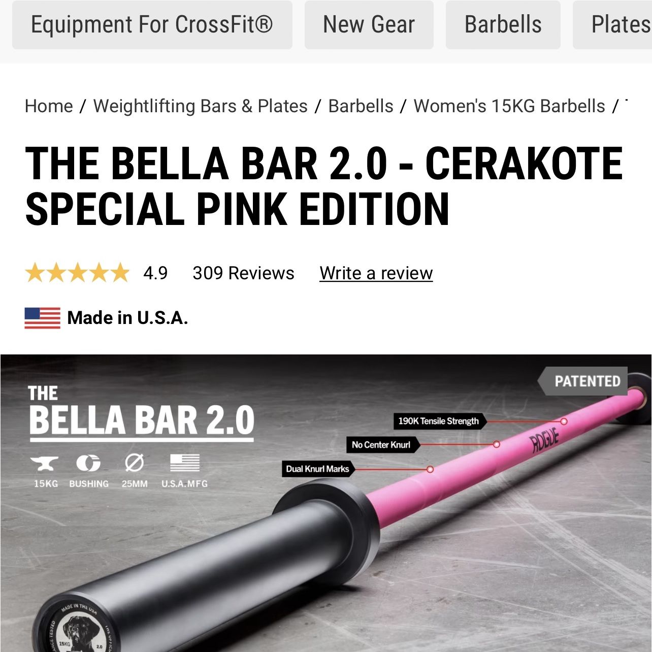 Pink Barbell Rogue Women's Olympic Bar Cerakote Bella Bar