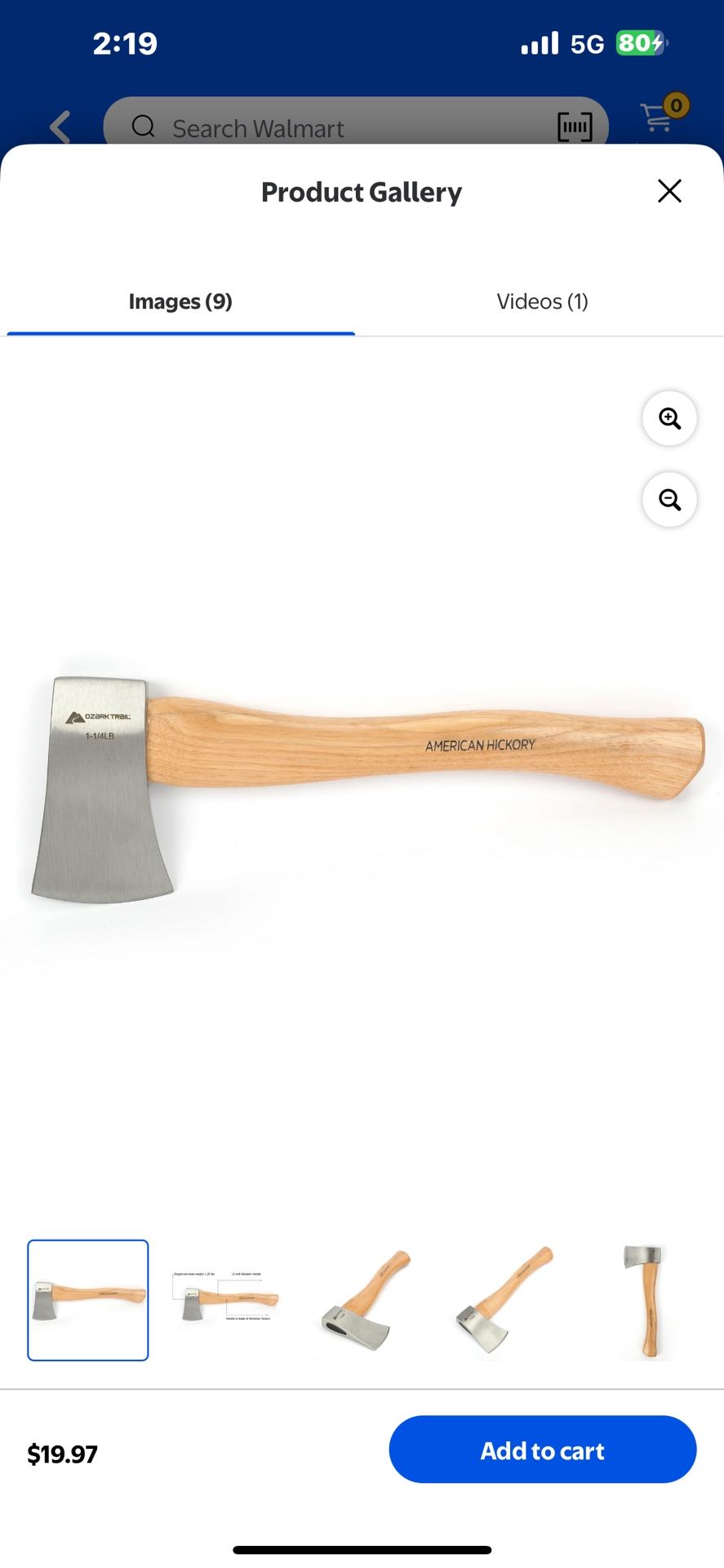Ozark Trail 1.25lbs Wooden Handle Hatchet, Axe, Model 5039