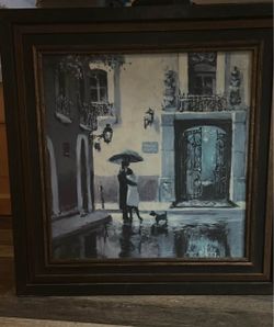 Framed Romantic Rainy Street Scene Painting