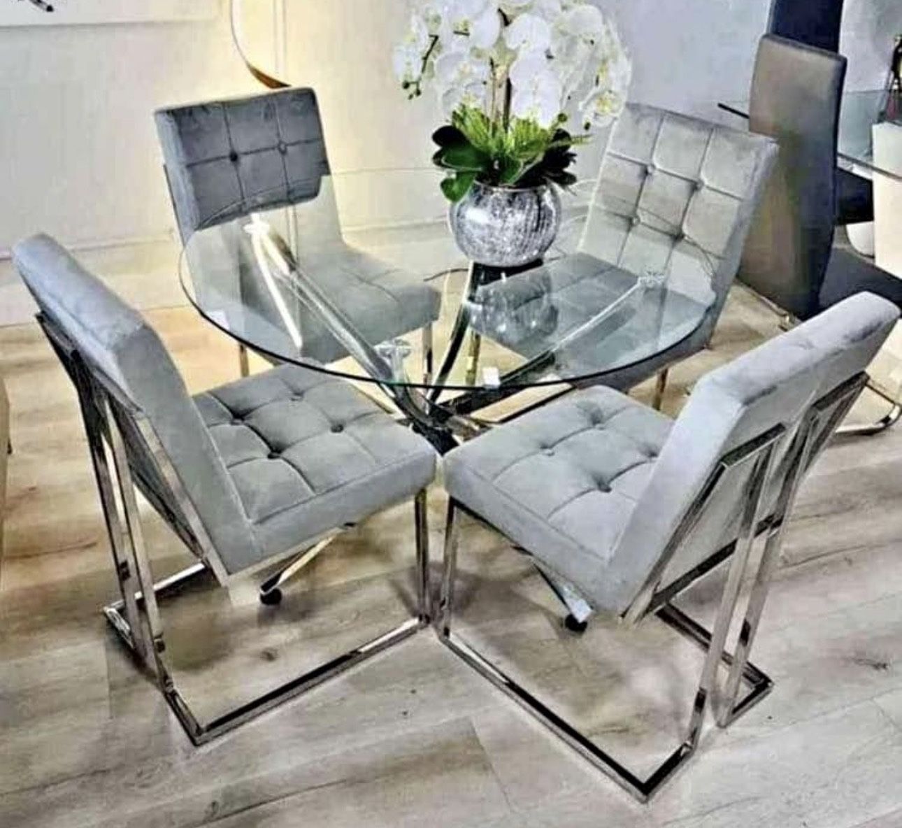 dining table round 46" set with 4 silver velvet chairs