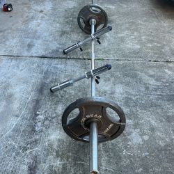 Olympic Weight Long Bar And 2 Dumbbell Bar Plus 90 Pound Weight 